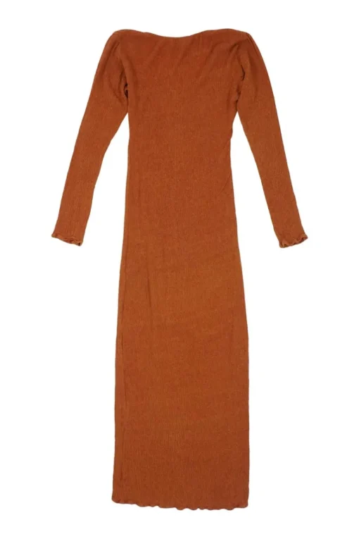 Terracotta crinkle silk-bamboo blend long sleeve tie-waist Rum midi dress
