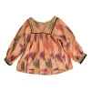 Terracotta embroidered cotton abstract print Y-collar swing top with blouson sleeves