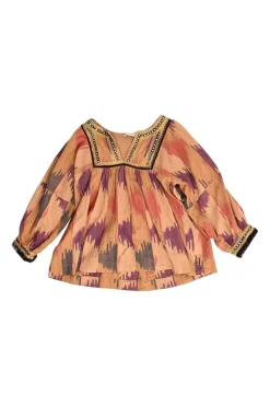 Terracotta embroidered cotton abstract print Y-collar swing top with blouson sleeves