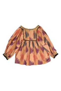 Terracotta embroidered cotton abstract print Y-collar swing top with blouson sleeves