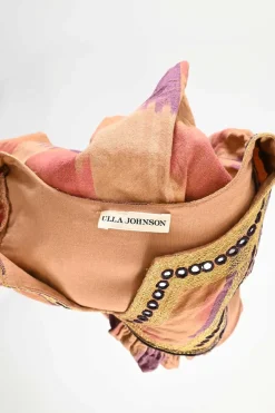 Terracotta embroidered cotton abstract print Y-collar swing top with blouson sleeves