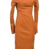 Terracotta leather asymmetric wrap-front dolman sleeve sheath dress