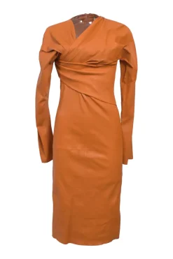 Terracotta leather asymmetric wrap-front dolman sleeve sheath dress