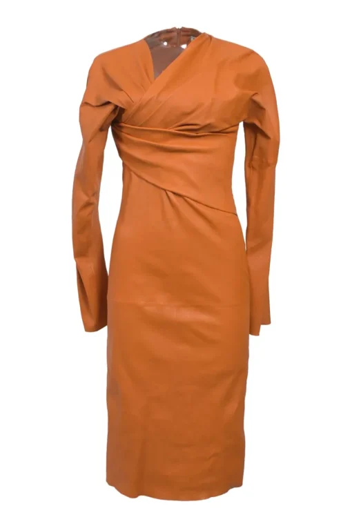 Terracotta leather asymmetric wrap-front dolman sleeve sheath dress