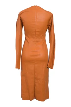 Terracotta leather asymmetric wrap-front dolman sleeve sheath dress