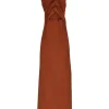 Terracotta linen-blend twist-front cutout rib knit slip dress