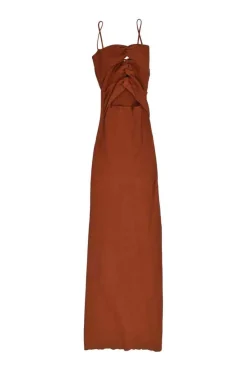 Terracotta linen-blend twist-front cutout rib knit slip dress