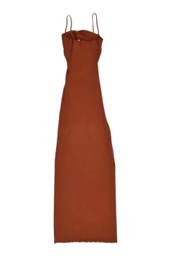 Terracotta linen-blend twist-front cutout rib knit slip dress