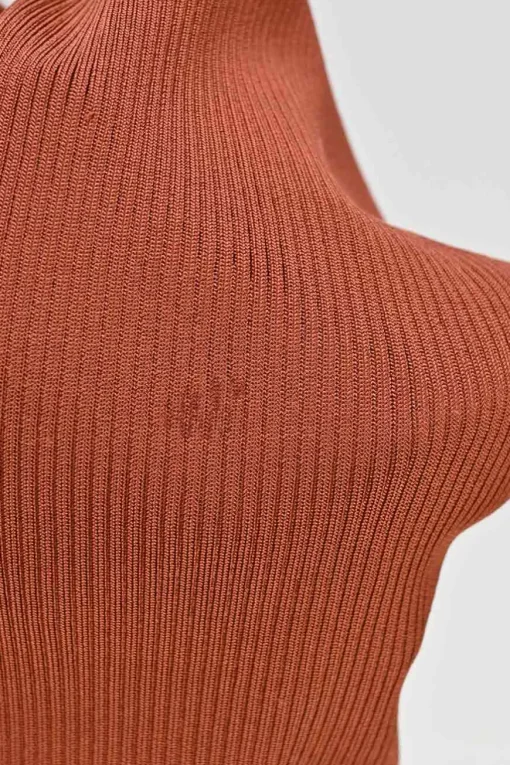 Terracotta linen-blend twist-front cutout rib knit slip dress