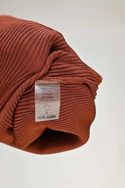 Terracotta linen-blend twist-front cutout rib knit slip dress