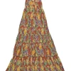 Terracotta polyester abstract print tiered swing-style open-back maxi dress with plissé skirt