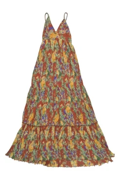 Terracotta polyester abstract print tiered swing-style open-back maxi dress with plissé skirt