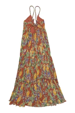 Terracotta polyester abstract print tiered swing-style open-back maxi dress with plissé skirt