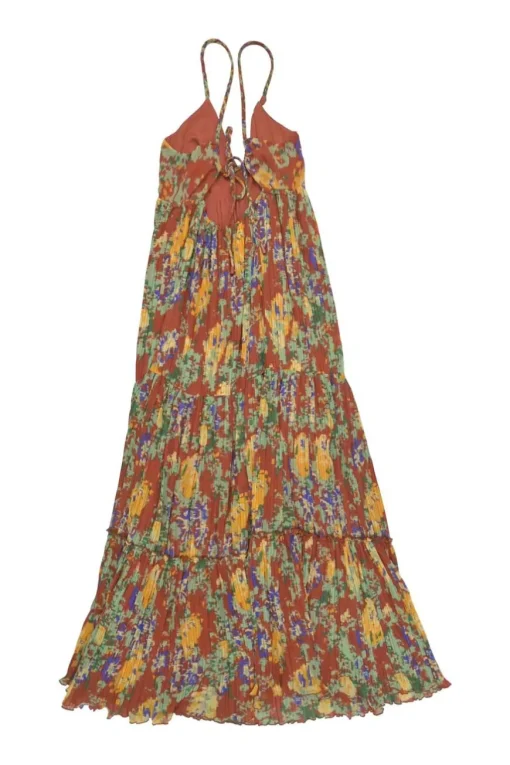 Terracotta polyester abstract print tiered swing-style open-back maxi dress with plissé skirt