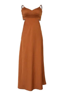 Terracotta polyester cutout slip dress with adjustable spaghetti straps