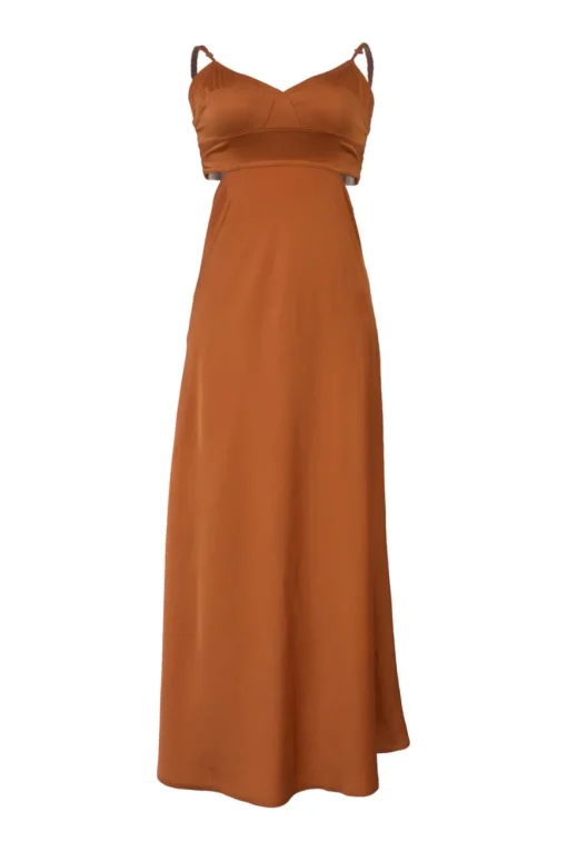 Terracotta polyester cutout slip dress with adjustable spaghetti straps