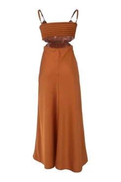 Terracotta polyester cutout slip dress with adjustable spaghetti straps
