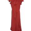 Terracotta silk crêpe plunge necktie belted midi dress with flutter cap sleeves and godet hem