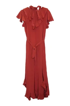 Terracotta silk crêpe plunge necktie belted midi dress with flutter cap sleeves and godet hem
