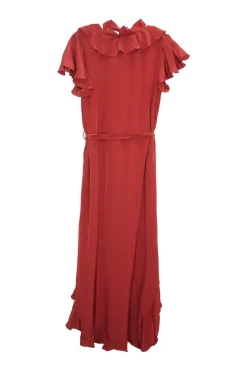 Terracotta silk crêpe plunge necktie belted midi dress with flutter cap sleeves and godet hem