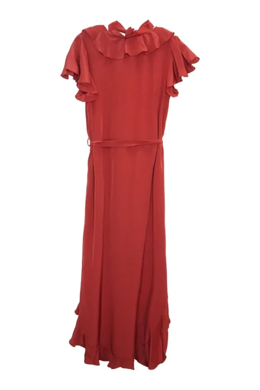 Terracotta silk crêpe plunge necktie belted midi dress with flutter cap sleeves and godet hem
