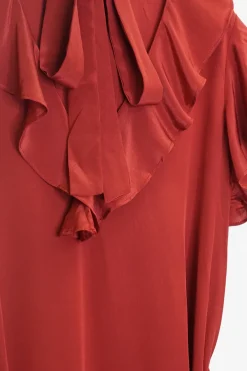 Terracotta silk crêpe plunge necktie belted midi dress with flutter cap sleeves and godet hem
