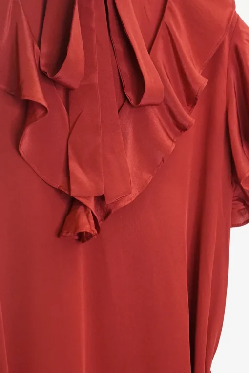 Terracotta silk crêpe plunge necktie belted midi dress with flutter cap sleeves and godet hem