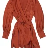Terracotta silk satin bishop sleeve wrap mini dress with ruched cuffs