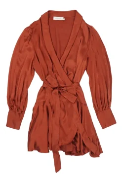 Terracotta silk satin bishop sleeve wrap mini dress with ruched cuffs