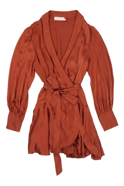 Terracotta silk satin bishop sleeve wrap mini dress with ruched cuffs