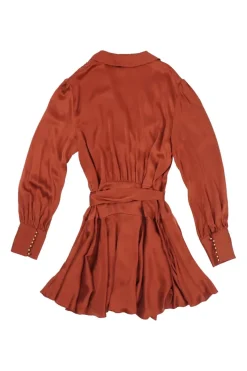 Terracotta silk satin bishop sleeve wrap mini dress with ruched cuffs