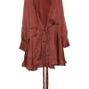 Terracotta silk satin tie-waist robe-style shawl collar mini wrap dress with bishop sleeves