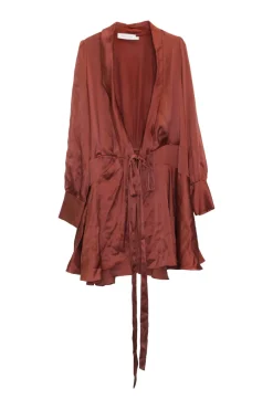 Terracotta silk satin tie-waist robe-style shawl collar mini wrap dress with bishop sleeves
