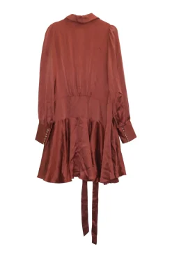 Terracotta silk satin tie-waist robe-style shawl collar mini wrap dress with bishop sleeves