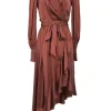 Terracotta silk satin wrap-front tie-waist shawl collar asymmetric midi dress with cascade ruffle skirt