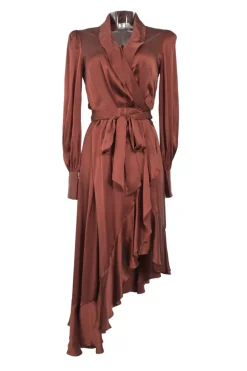 Terracotta silk satin wrap-front tie-waist shawl collar asymmetric midi dress with cascade ruffle skirt