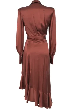 Terracotta silk satin wrap-front tie-waist shawl collar asymmetric midi dress with cascade ruffle skirt