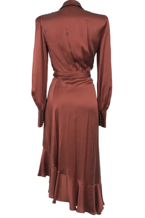 Terracotta silk satin wrap-front tie-waist shawl collar asymmetric midi dress with cascade ruffle skirt