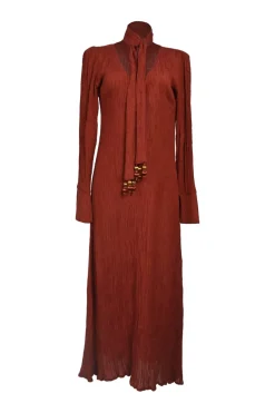 Terracotta silk-blend tie-neck plunge neck long sleeve pullover plissé knit shift dress