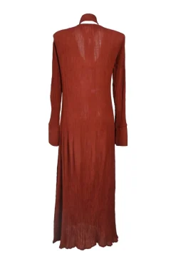 Terracotta silk-blend tie-neck plunge neck long sleeve pullover plissé knit shift dress