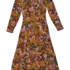 Terracotta snap-front long sleeve A-line midi sun dress with gathered bodice