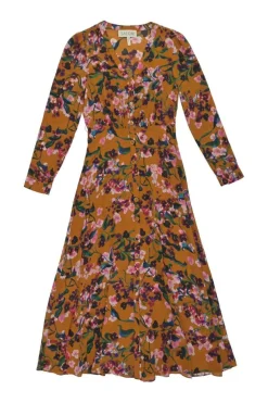 Terracotta snap-front long sleeve A-line midi sun dress with gathered bodice