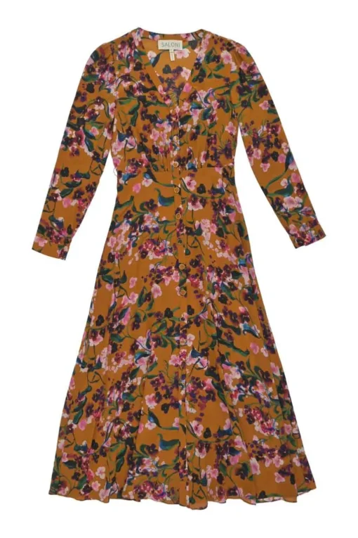 Terracotta snap-front long sleeve A-line midi sun dress with gathered bodice