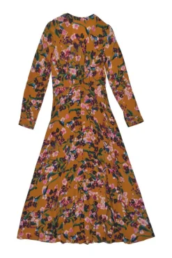Terracotta snap-front long sleeve A-line midi sun dress with gathered bodice