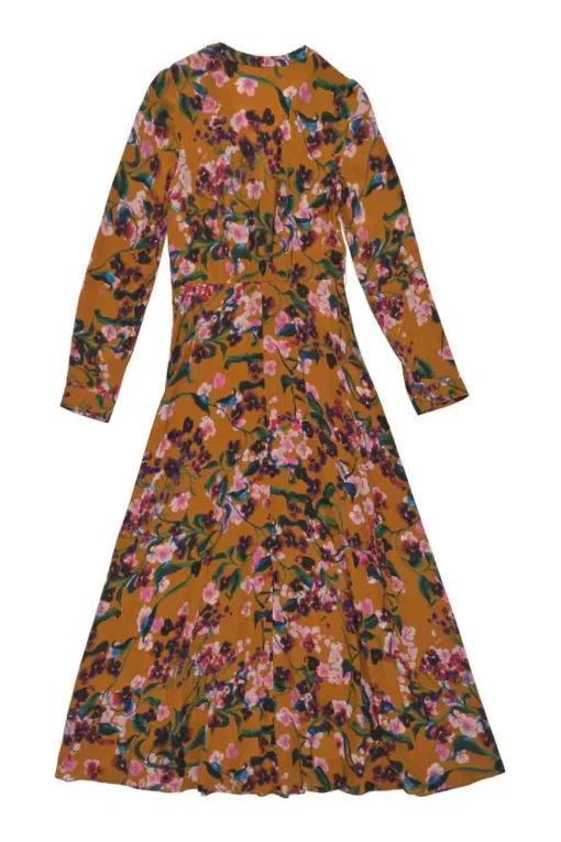 Terracotta snap-front long sleeve A-line midi sun dress with gathered bodice