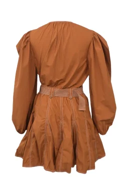 Terracotta topstitched cotton Corliss plunge neck belted dress with blouson sleeves and godet skirt