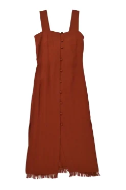 Terracotta triacetate button-loop tie-back midi sun dress with fringe hem