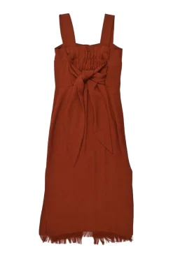 Terracotta triacetate button-loop tie-back midi sun dress with fringe hem