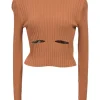 Terracotta viscose-blend rib knit polo neck slit-front pullover long sleeve top