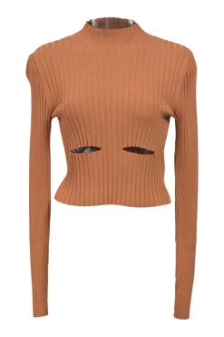 Terracotta viscose-blend rib knit polo neck slit-front pullover long sleeve top